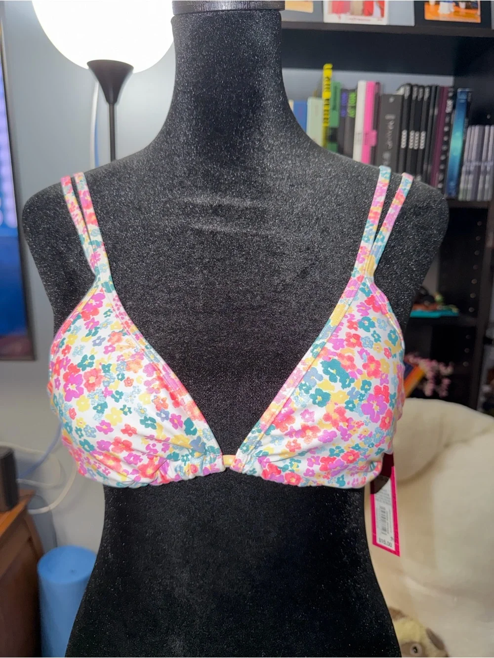 Xhilaration White Floral Triangle Bralette with Pink & Blue Flowers